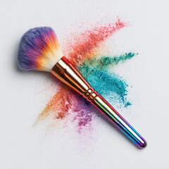 Colorful makeup brush with vibrant powder spread on white surface