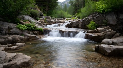Fototapeta premium A tranquil mountain stream with gentle waterfalls flowing over natural rock formations surrounded by lush greenery