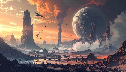 Dreamy scene with jagged rock formations and distant planet under an orange and purple hued sky