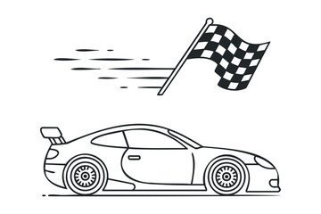 Race Car Crossing Finish Line with Flag