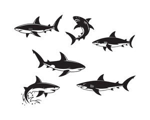 shark silhouette, shark vector, shark collection, shark set, great white shark, hammerhead shark silhouette, swimming shark, hunting shark illustration, shark logo design, shark icon set