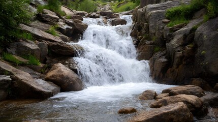 A dynamic white water waterfall cascades powerfully over rough rocks and boulders creating mist in a serene natural environment