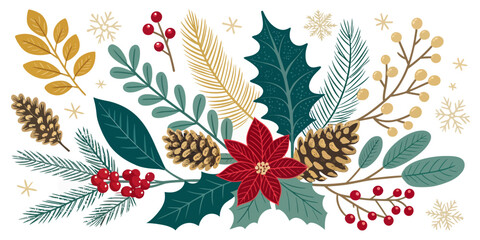 Vector illustration of christmas  illustration of poinsettia flower with pinecones and winter foliage