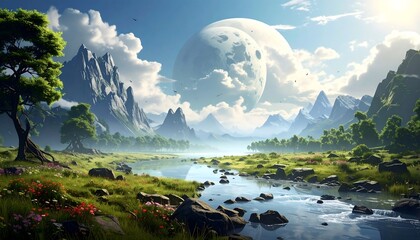 Dreamy, serene landscape with a vast sky, reflective river, mountains, and lush greenery fills the panorama