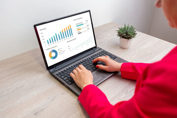 Woman working on laptop analyzing financial dashboard with charts and graphs, concept of data analysis, performance tracking, and business intelligence