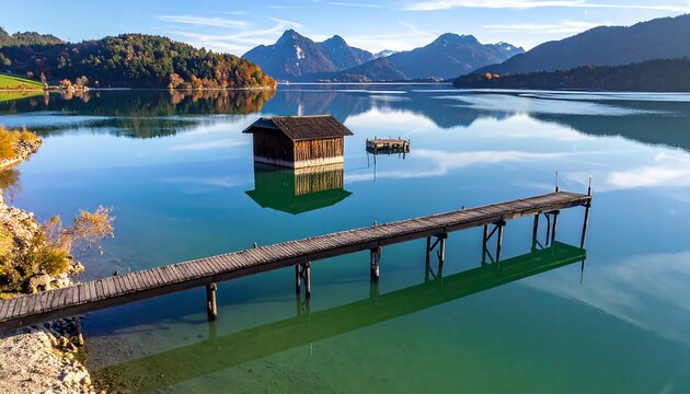 Scenic Lake View with Wooden Pier and Boathouse in Autumn.