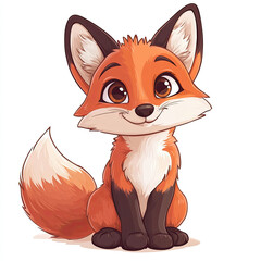 Cute cartoon fox with fluffy tail sitting and smiling happily