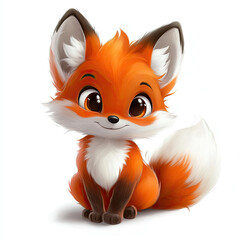 Cute orange fox with big eyes and fluffy tail sitting happily