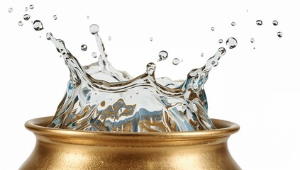 Traditional brass pot with water splash celebrating festival of colors holi, festive symbolism, pichkari water fun