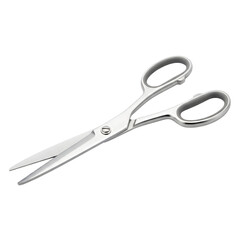 Obraz premium A pair of shiny metal scissors with grey handles isolated on a pure white background with sharp blades ready for cutting tasks in a studio setting