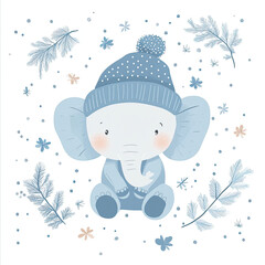 Cute baby elephant wearing blue winter hat with floral decor
