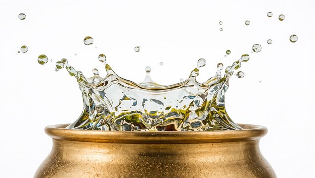 Festival of colors celebration with splashing water in traditional brass pot isolated on white background