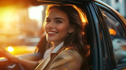 Professional Businesswoman Entering Taxi with Joy