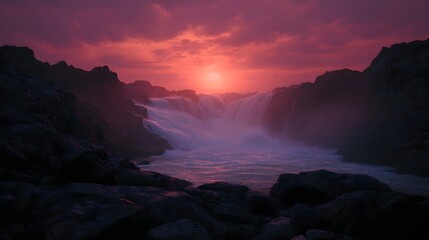 Dramatic crimson sunset illuminates a misty waterfall cascading over dark rocks