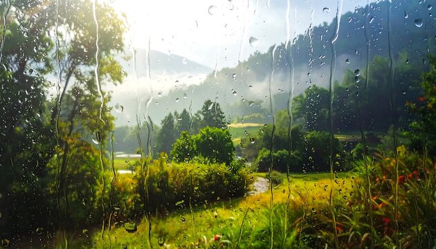 Rainy day in the mountains with lush green trees and fields.