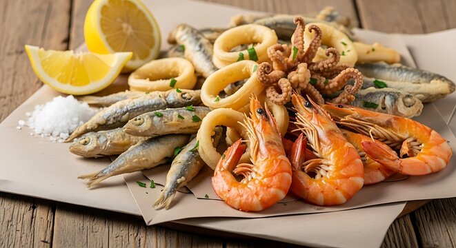 Assortment of fried seafood including shrimp calamari small fish and octopus tentacles with lemon wedges and sea salt