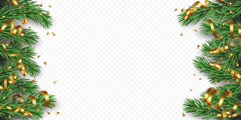Vector frame with realistic pine tree branches, golden confetti and ribbons isolated on a transparent background. Holiday Christmas tree border garland for winter decoration banner, poster, greeting c