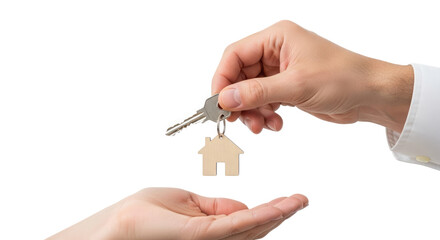 Hand giving house key for real estate concept