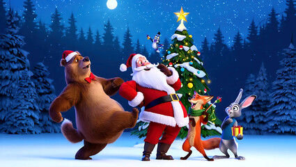 Santa Claus celebrates Christmas with forest animals in a snowy fairy forest, giving gifts and dancing near the Christmas tree.