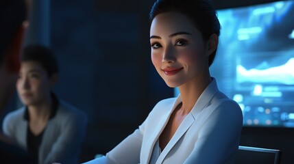 Corporate professional presenting financial statistics cheerfully