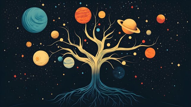 A cosmic Tree of Life illustration, where the branches hold planets and stars, and the roots extend into the dark space. Concept for universe, interconnectedness, and growth.