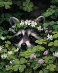 Raccoon in Floral Garland: A captivating raccoon, adorned with a delicate garland of flowers, peeps playfully through lush green foliage.