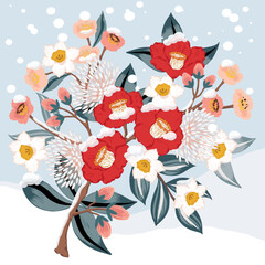 Korean January Flowers Vector Illustration of Winter Blooms: Camellia, Plum Blossom, and Narcissus