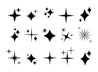 Shine retro icons. Shine, sparkle black stars set on white background. Sparkle star minimalist symbols. Flat blink twinkle, sunburst star shapes. Magic light flare templates pack.