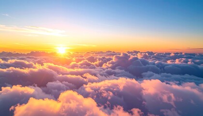 Dreamy, sunlit clouds spread across a vibrant blue sky, evoking peace and tranquility at sunrise/sunset