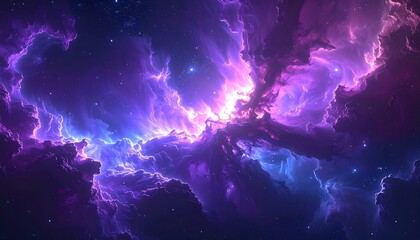 Ethereal nebula swirls, purples, blues, and pinks merging in a captivating cosmic dance under starry skies