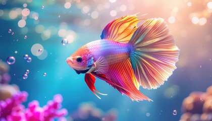 pesce rosso colorato blu, rosa, giallo, verde, sullo sfondo del mare azzurro chiaro con bolle colorate e miniature luminose