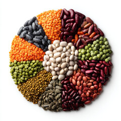 Assorted colorful legumes arranged in circular pattern on white