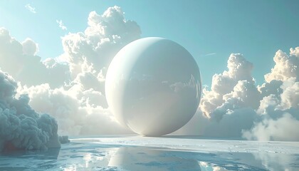 Dreamy, surreal scene with a large white sphere on a reflective surface beneath a soft, cloudy sky