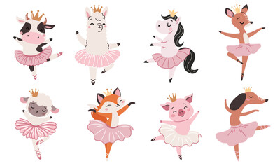 Obraz premium A set of flat vector illustrations in a simple children's style. Cute animals in ballet tutus are dancing ballet. A sheep dog cow horse deer pig fox and llama. Vector illustration