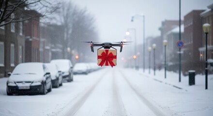 Hovering drone delivering christmas gift box with red ribbon above empty winter city street. Holiday season and technology, AI and progress, futuristic celebration of New Year. Soft focus