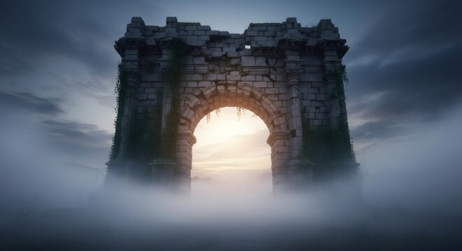 Historic arch ruins covered with ivy rising from fog. Ancient architecture for archeology concept.