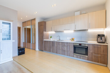 Modern Home Open Kitchen Interior with Wooden Cabinetry and Stylish Appliances