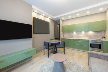 Modern Open-Plan Living Room and Kitchen Interior with Green Cabinets