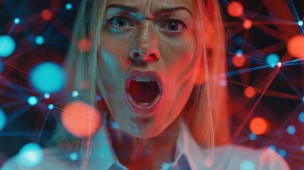 Navigating unemployment: a story of unexpected change. Virtual network. Disbelieving woman faces job loss in a detailed office environment. High-tech network. Intelligent grid.