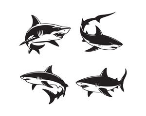 shark silhouette, shark vector, shark collection, shark set, great white shark, hammerhead shark silhouette, swimming shark, hunting shark illustration, shark logo design, shark icon set