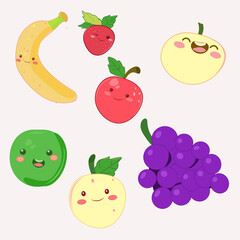 Set of kawaii fruits smiling isolated, banana grapefruit, apple, strawberry cartoon style vector flat