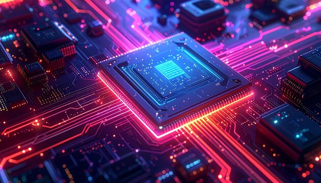 Futuristic computer chip with glowing pink and blue circuits and components, low depth of field