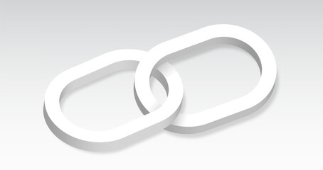 Two abstract interlocking links 3D. Two intertwined white links on white background. Quality realistic vector, 3d illustration or your web site design, app, UI. EPS10.