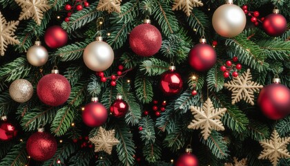 Fototapeta premium Festive christmas decorations featuring red and silver ornaments home interior holiday decor cozy setting close-up celebration