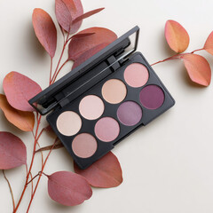 Makeup palette with shades of pink and purple placed on red leaves