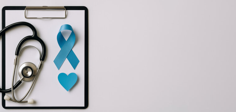 Men health awareness concept with stethoscope and blue ribbon on clipboard