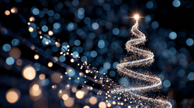Abstract glowing Christmas tree with blue bokeh lights - Powered by Adobe