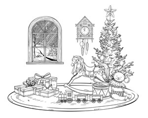 Christmas vector illustration with Christmas tree and retro baby toys. Linear drawing of Xmas scene with window and clock for invitations or greeting cards. Etching with gift boxes and spruce or pine.
