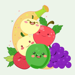 Happy fruit friends coloring page smiling banana, apple, grape and strawberry with cute eyes, bold outlines, kawaii cartoon style