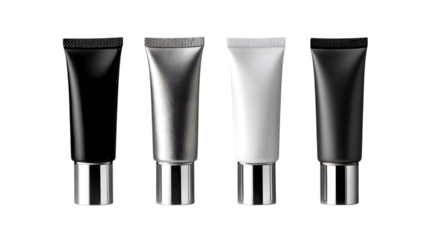 Set of realistic cosmetic cream tube mockups in black, silver, and white isolated on transparent background